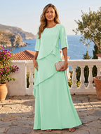 A-Line/Princess Scoop Neck Chiffon Floor-Length Mother of the Bride & Groom Dresses with Tiered Layers & Ruffles (SHI22501612)