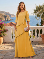 A-Line/Princess Scoop Neck Chiffon Floor-Length Mother of the Bride & Groom Dresses with Tiered Layers & Ruffles (SHI22501612)