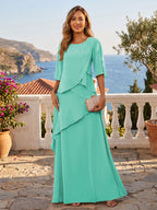 A-Line/Princess Scoop Neck Chiffon Floor-Length Mother of the Bride & Groom Dresses with Tiered Layers & Ruffles (SHI22501612)