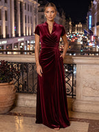 A-Line/Princess V-Neck Velvet Floor-Length Mother of the Bride & Groom Dresses with Ruched Waist (SHI22501614)