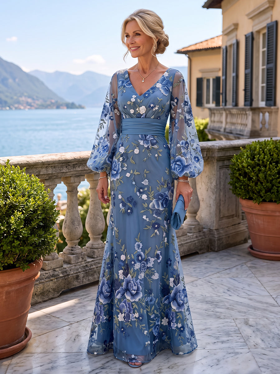 A-Line/Princess V-Neck Floral Embroidery Maxi Mother of the Bride & Groom Dresses with Ruched Waist (SHI22501624)