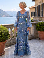 A-Line/Princess V-Neck Floral Embroidery Maxi Mother of the Bride & Groom Dresses with Ruched Waist (SHI22501624)