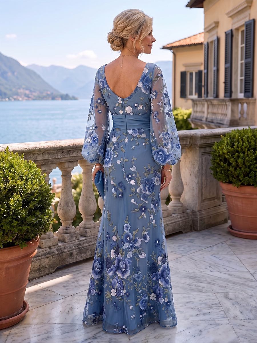 A-Line/Princess V-Neck Floral Embroidery Maxi Mother of the Bride & Groom Dresses with Ruched Waist (SHI22501624)