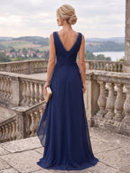A-Line/Princess V-Neck Chiffon Maxi Mother of the Bride & Groom Dresses with Ruffles, Slit, Ruched Waist & Rhinestones (SHI22501628)