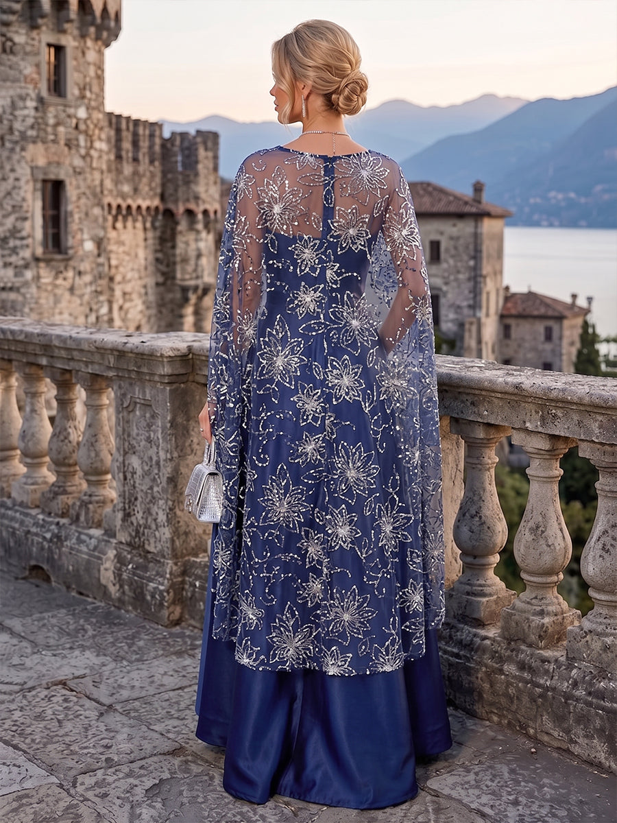 A-Line/Princess Scoop Neck Satin High-Low Mother of the Bride & Groom Dresses with Sequin Floral & Pleats (SHI22501631)