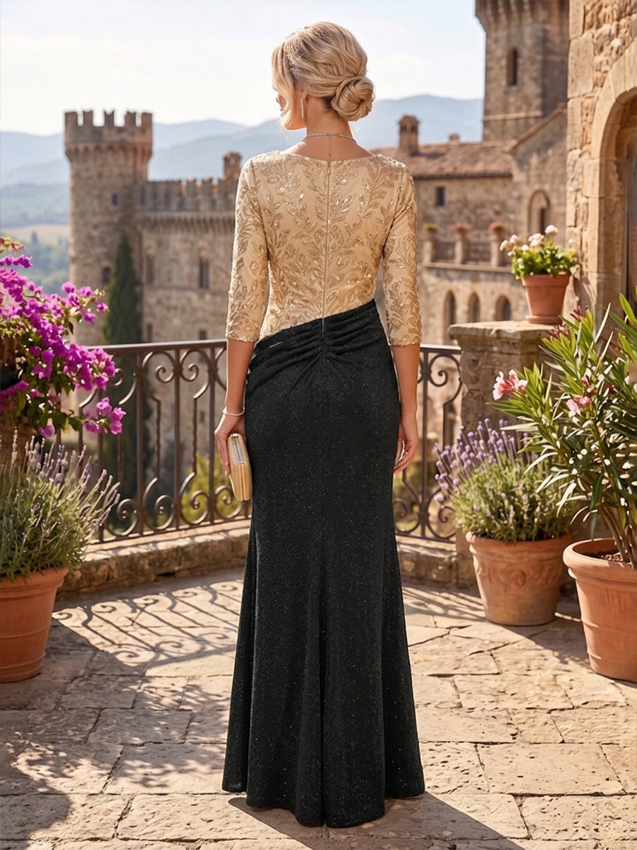 Sheath/Column Scoop Neck Lace Appliques Maxi Mother of the Bride & Groom Dresses with Ruched Waist & Sequin (SHI22501632)