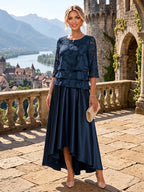 A-Line/Princess Scoop Neck Satin High-Low Mother of the Bride & Groom Dresses with Lace Appliques, Ruffles & Pleats (SHI22501633)