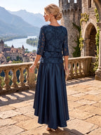 A-Line/Princess Scoop Neck Satin High-Low Mother of the Bride & Groom Dresses with Lace Appliques, Ruffles & Pleats (SHI22501633)
