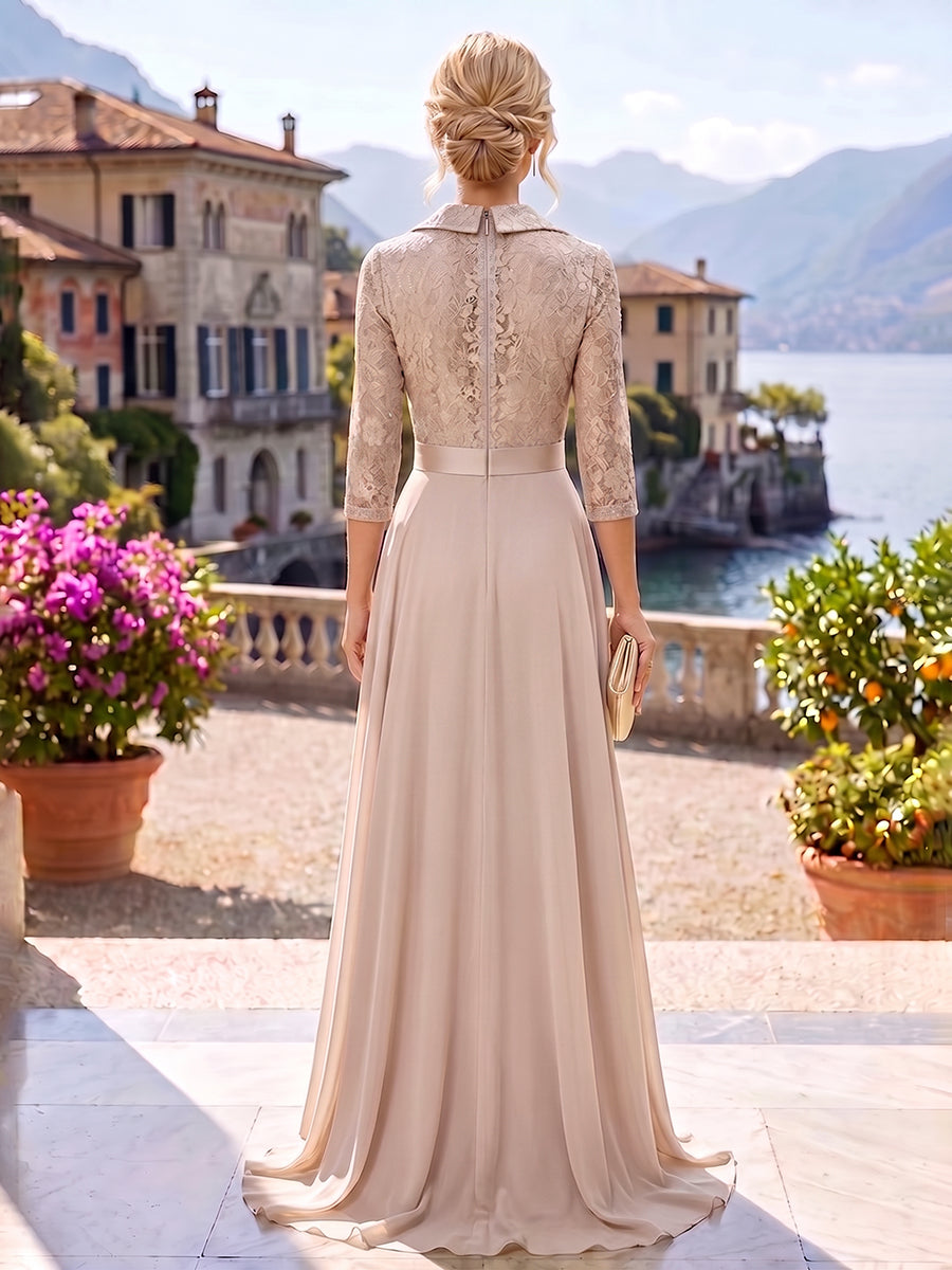 A-Line/Princess V-Neck Chiffon Maxi Mother of the Bride & Groom Dresses with Lace Appliques, Sweep Train & Bow (SHI22501641)