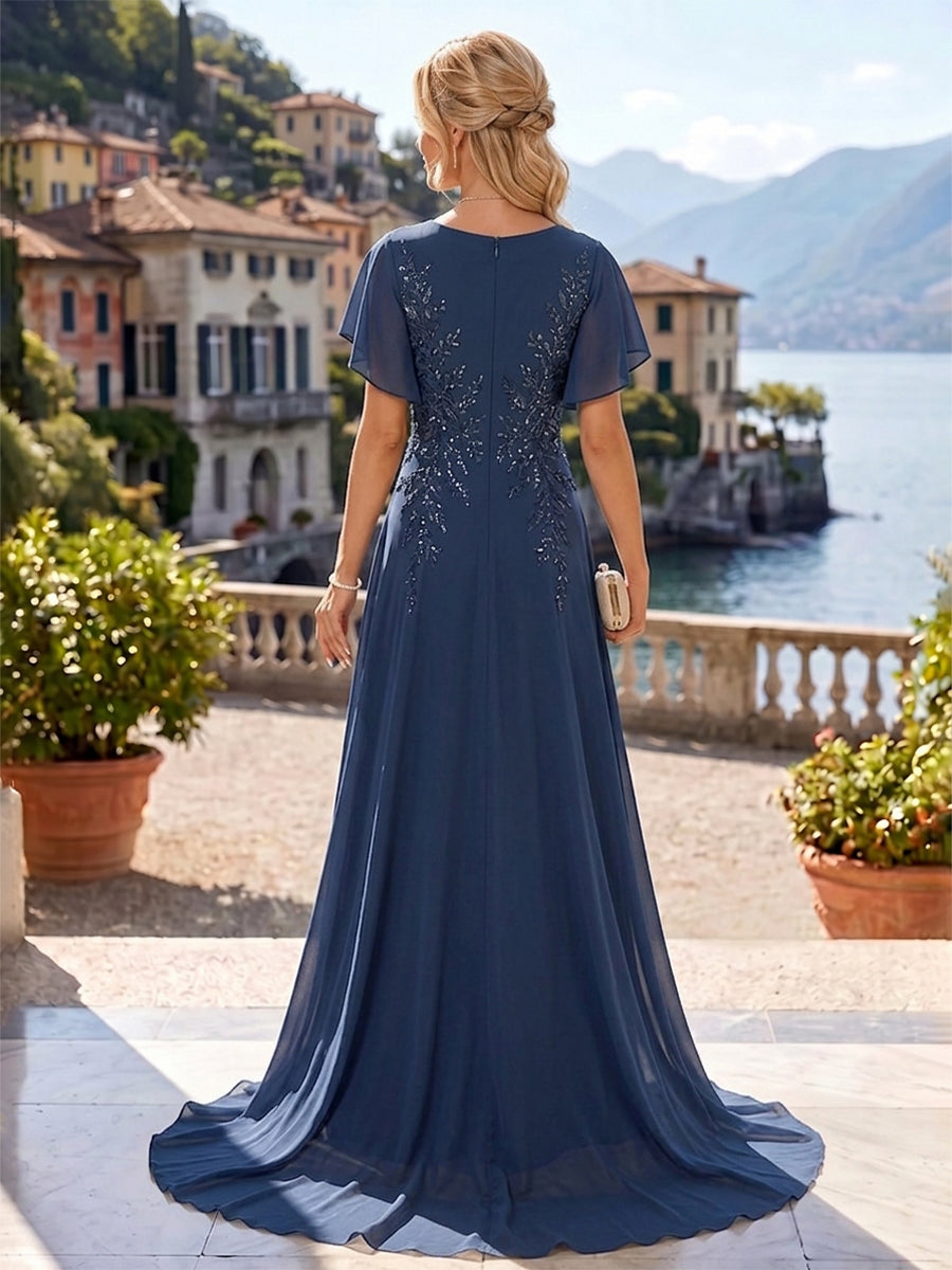 A-Line/Princess V-Neck Chiffon Maxi Mother of the Bride & Groom Dresses with Lace Appliques & Sweep Train (SHI22501644)