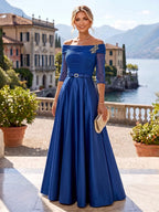 A-Line/Princess Off Shoulder Satin Maxi Mother of the Bride & Groom Dresses with Ruched Bodice, Belt, Rhinestone & Pleats (SHI22501647)