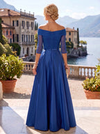 A-Line/Princess Off Shoulder Satin Maxi Mother of the Bride & Groom Dresses with Ruched Bodice, Belt, Rhinestone & Pleats (SHI22501647)