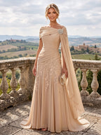 A-Line/Princess Off Shoulder Chiffon Maxi Mother of the Bride & Groom Dresses with Lace Appliques, Rhinestone & Pleats (SHI22501655)