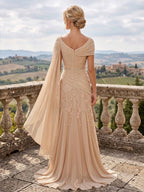 A-Line/Princess Off Shoulder Chiffon Maxi Mother of the Bride & Groom Dresses with Lace Appliques, Rhinestone & Pleats (SHI22501655)