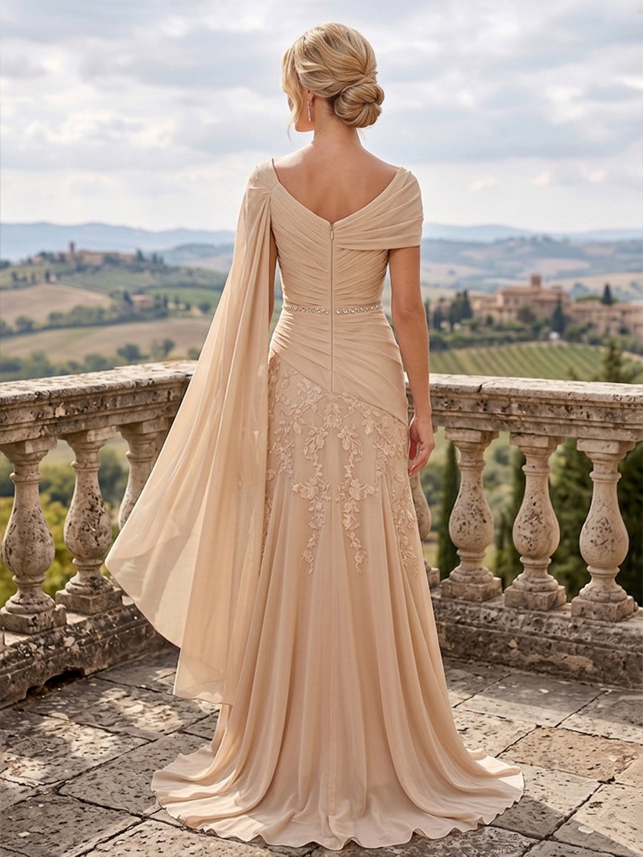 A-Line/Princess Off Shoulder Chiffon Maxi Mother of the Bride & Groom Dresses with Lace Appliques, Rhinestone & Pleats (SHI22501655)