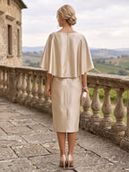 Sheath/Column Scoop Neck Satin Tea-Length Mother of the Bride & Groom Dresses with Ruched Waist & Rhinestones (SHI22501657)