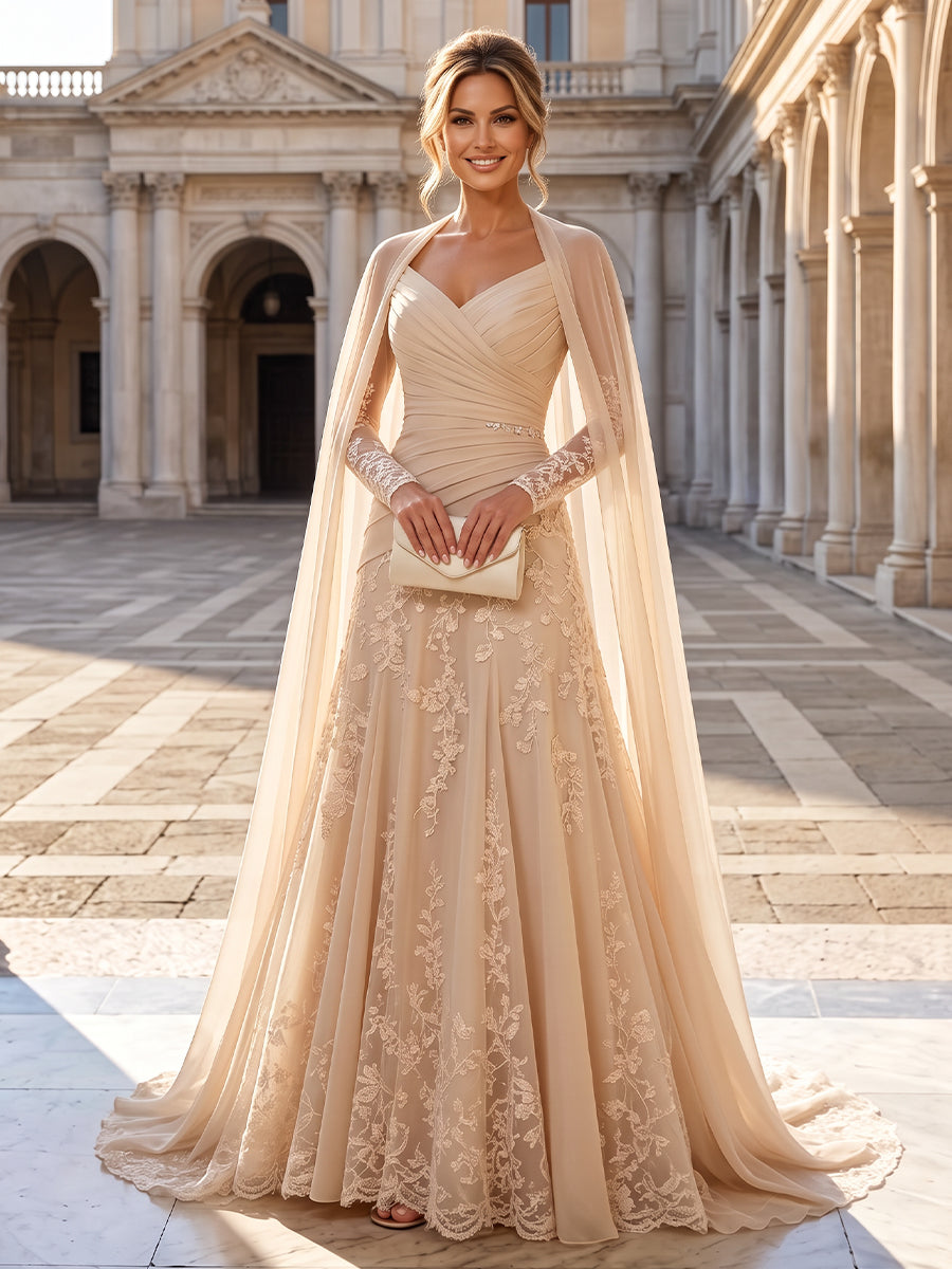 A-Line/Princess Strapless Lace Appliques Floor-Length Mother of the Bride & Groom Dresses with Pleats, Ruched Waist & Sweep Train (SHI22501664)