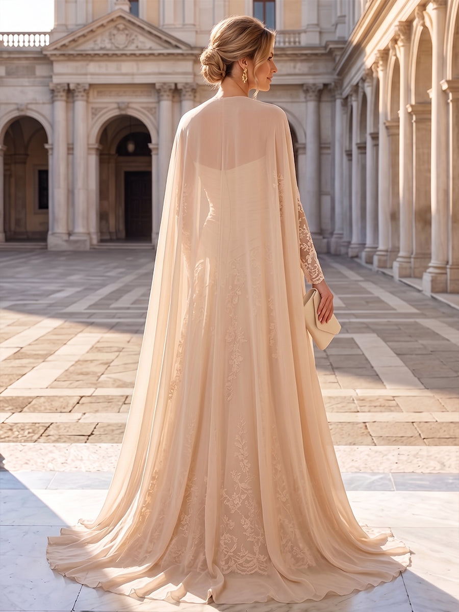 A-Line/Princess Strapless Lace Appliques Floor-Length Mother of the Bride & Groom Dresses with Pleats, Ruched Waist & Sweep Train (SHI22501664)
