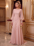 A-Line/Princess Scoop Neck Chiffon Floor-Length Mother of the Bride & Groom Dresses with Lace Appliques & Pleats (SHI22501666)
