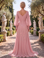 A-Line/Princess V-Neck Chiffon Floor-Length Mother of the Bride & Groom Dresses with Lace Appliques & Pleats (SHI22501670)