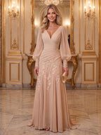 A-Line/Princess V-Neck Chiffon Floor-Length Mother of the Bride & Groom Dresses with Lace Appliques & Ruched Waist (SHI22501678)
