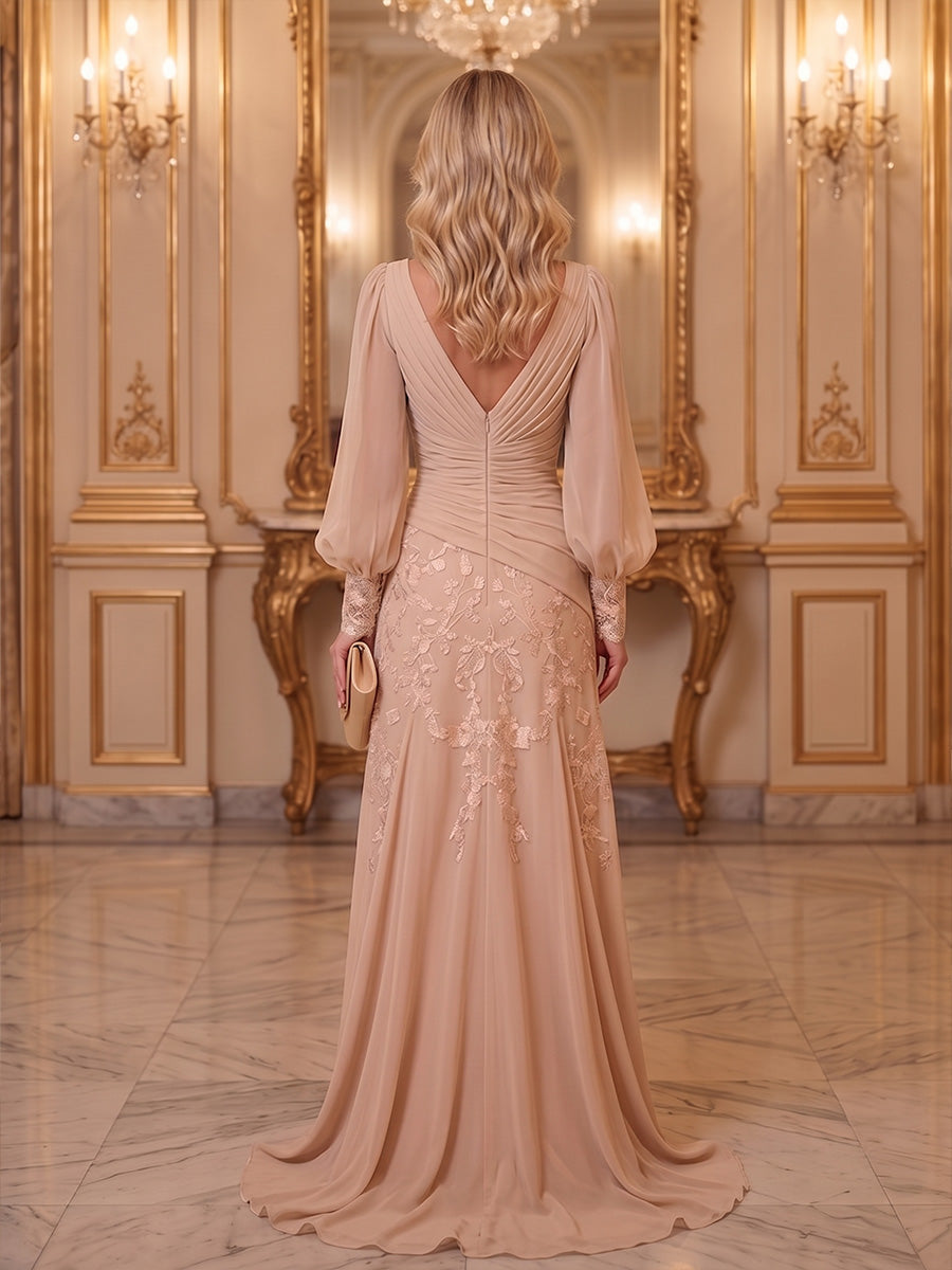 A-Line/Princess V-Neck Chiffon Floor-Length Mother of the Bride & Groom Dresses with Lace Appliques & Ruched Waist (SHI22501678)