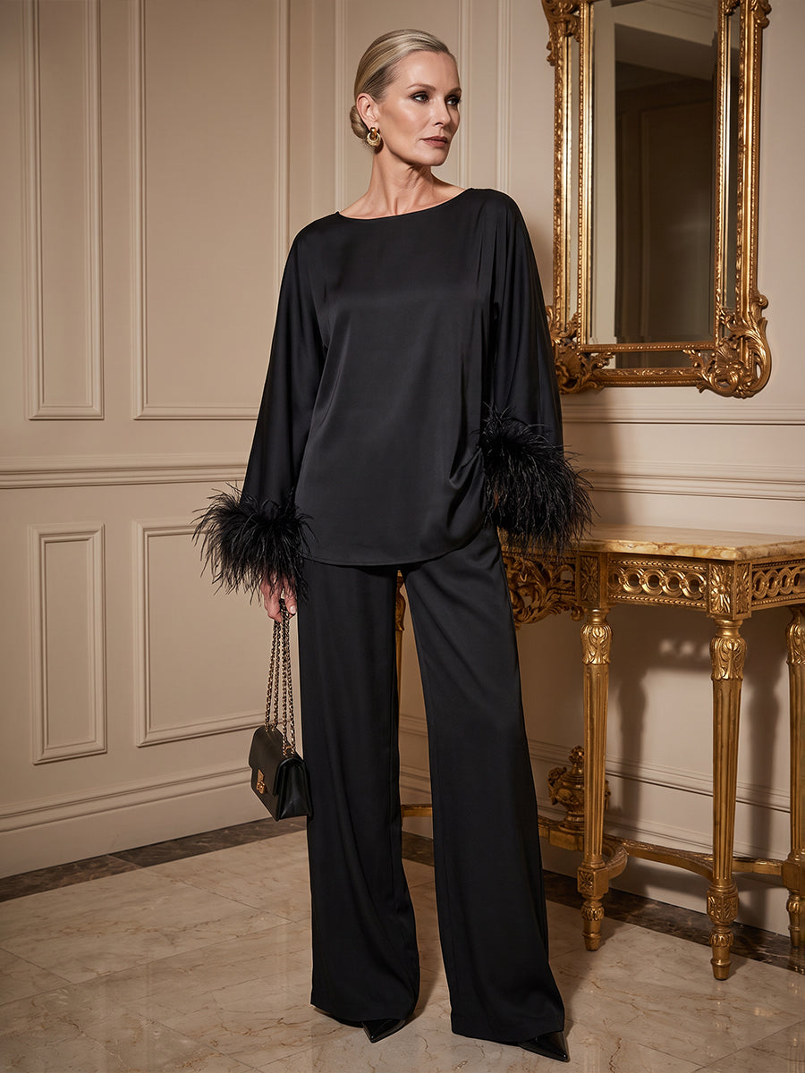 Pantsuit Scoop Neck Satin Maxi Mother of the Bride Pantsuits with Fluffy Feather Trim Cuffs (SHI22501692)