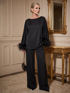 Pantsuit Scoop Neck Satin Maxi Mother of the Bride Pantsuits with Fluffy Feather Trim Cuffs (SHI22501692)