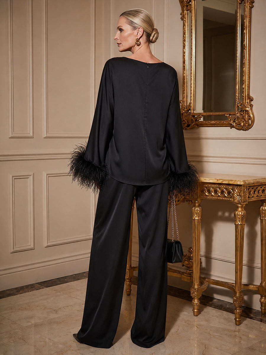 Pantsuit Scoop Neck Satin Maxi Mother of the Bride Pantsuits with Fluffy Feather Trim Cuffs (SHI22501692)