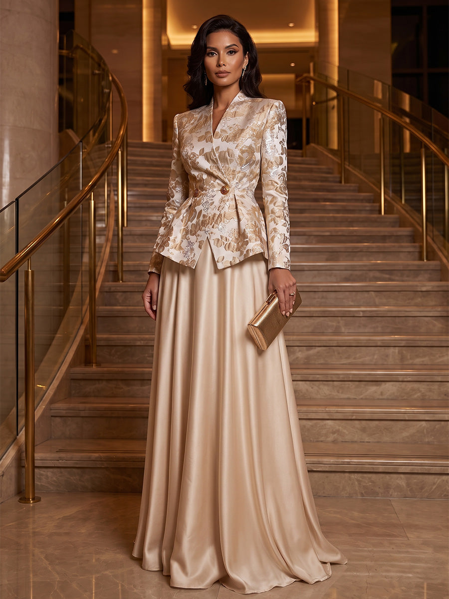 A-Line/Princess V-Neck Satin Floor-Length Mother of the Bride & Groom Dresses with?Jacquard Bolero?Jacket & Pleats (SHI22501695)