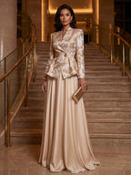 A-Line/Princess V-Neck Satin Floor-Length Mother of the Bride & Groom Dresses with?Jacquard Bolero?Jacket & Pleats (SHI22501695)