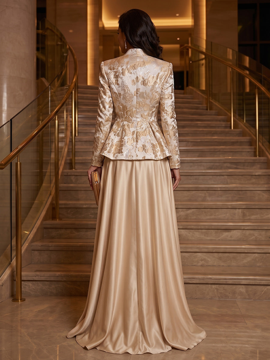 A-Line/Princess V-Neck Satin Floor-Length Mother of the Bride & Groom Dresses with?Jacquard Bolero?Jacket & Pleats (SHI22501695)