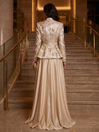 A-Line/Princess V-Neck Satin Floor-Length Mother of the Bride & Groom Dresses with?Jacquard Bolero?Jacket & Pleats (SHI22501695)