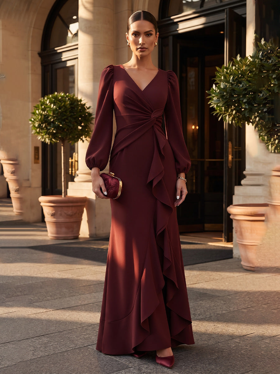 A-Line/Princess V-Neck Chiffon Floor-Length Mother of the Bride & Groom Dresses with Lace Appliques, Sequin & Ruffles (SHI22501608)