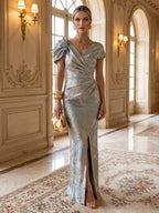 Jacquard A-Line/Princess V-Neck Floor-Length Mother of the Bride & Groom Dresses with Ruched Waist & Pockets (SHI22500984)