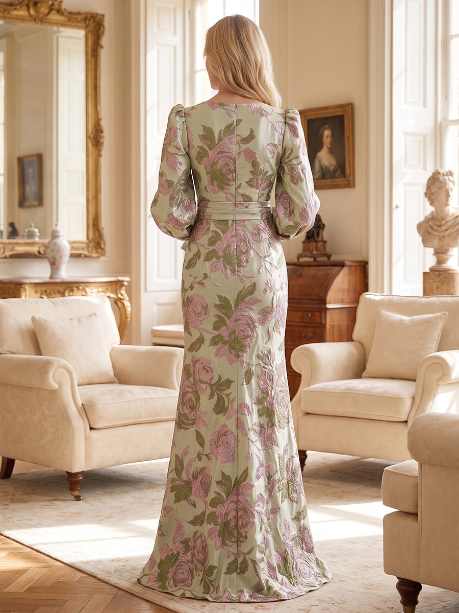 Sheath/Column V-Neck Jacquard Maxi Mother of the Bride & Groom Dresses with Ruffles & Slit (SHI25001047)
