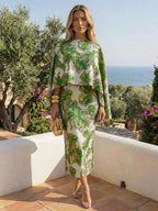 Cape Sleeve Floral Jacquard Satin Tea-Length Ruched Mother of the Bride Dresses 2 Piece (SHIA22500528)
