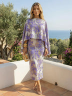 Cape Sleeve Floral Jacquard Satin Tea-Length Ruched Mother of the Bride Dresses 2 Piece (SHIA22500528)