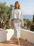 Cape Sleeve Floral Jacquard Satin Tea-Length Ruched Mother of the Bride Dresses 2 Piece (SHIA22500528)