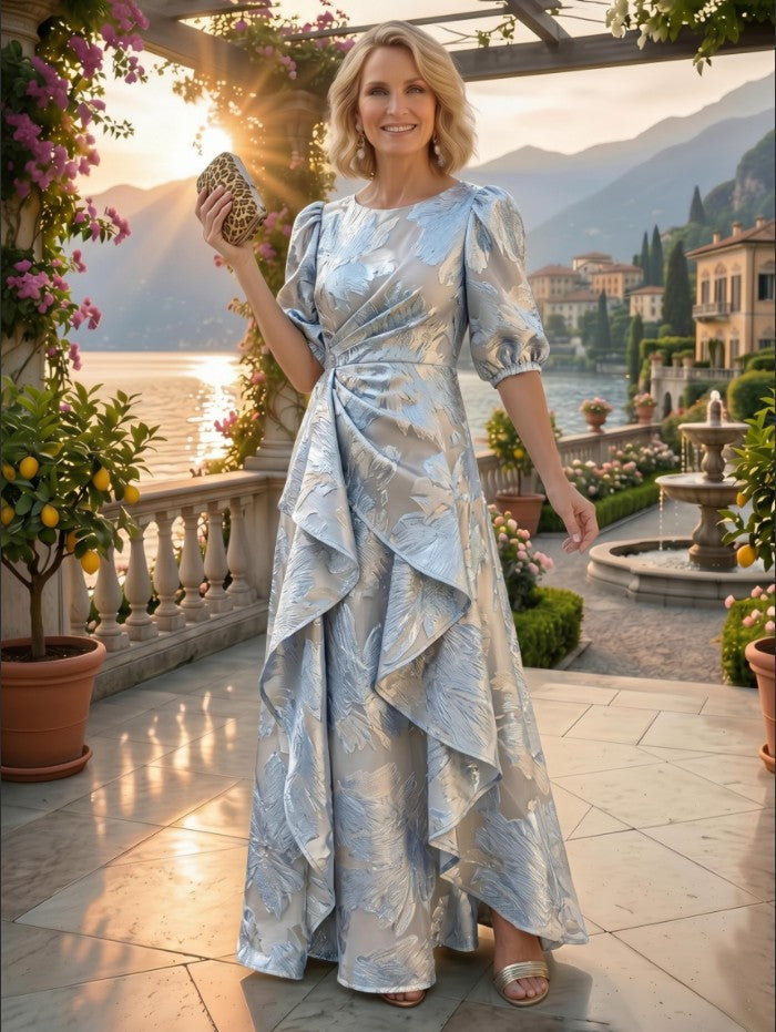 Jacquard A-Line/Princess Scoop Neck Floor-Length Mother of the Bride & Groom Dresses with Ruffles & Ruched Waist (SHI22501201)