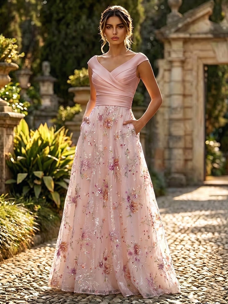 A-Line Floral Sequin Lace Floor-Length Mother of the Bride & Groom Dresses with Ruched Satin Bodice (SHI22500639)