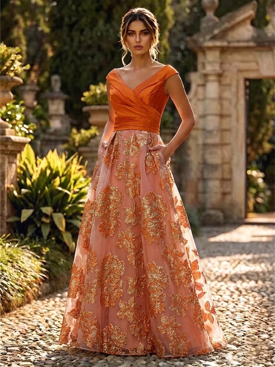 A-Line Floral Sequin Lace Floor-Length Mother of the Bride & Groom Dresses with Ruched Satin Bodice (SHI22500639)