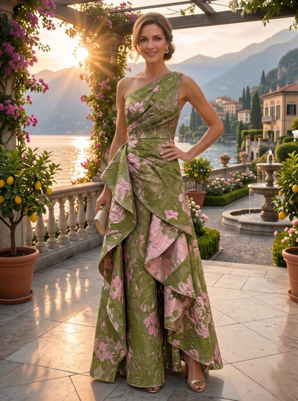 Jacquard Satin One Shoulder A-Line/Princess Long Mother of the Bride & Groom Dresses with Ruffles & Ruched Waist (SHIK25000465)