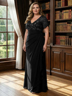 A-Line Chiffon V-Neck Short Sleeve Mother of the Bride Dresses Floor-Length with Sequin Appliques (SHI22500297)