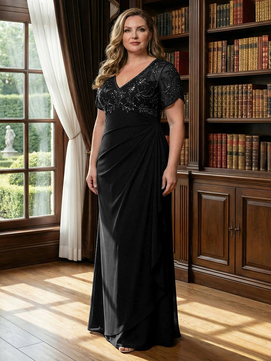 A-Line Chiffon V-Neck Short Sleeve Mother of the Bride Dresses Floor-Length with Sequin Appliques (SHI22500297)