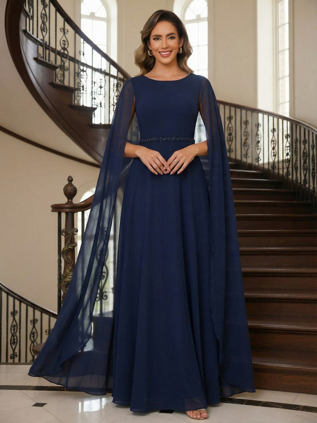 Sheath Chiffon Floral Print Cape Sleeves Mother of the Bride & Groom Dresses for Formal Wedding (SHI22500682)