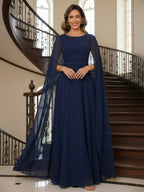Sheath Chiffon Floral Print Cape Sleeves Mother of the Bride & Groom Dresses for Formal Wedding (SHI22500682)