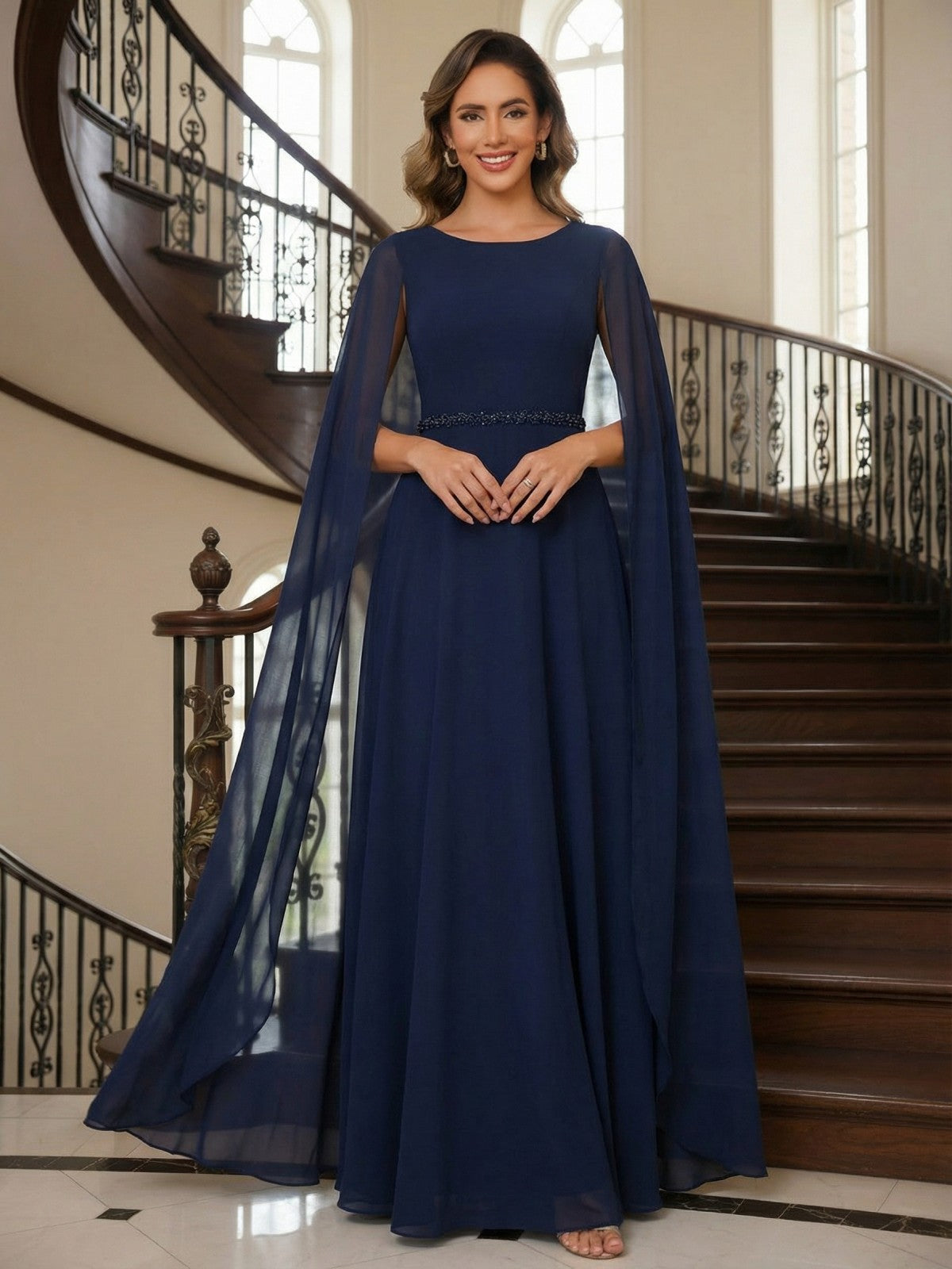 Sheath Chiffon Floral Print Cape Sleeves Mother of the Bride & Groom Dresses for Formal Wedding (SHI22500682)