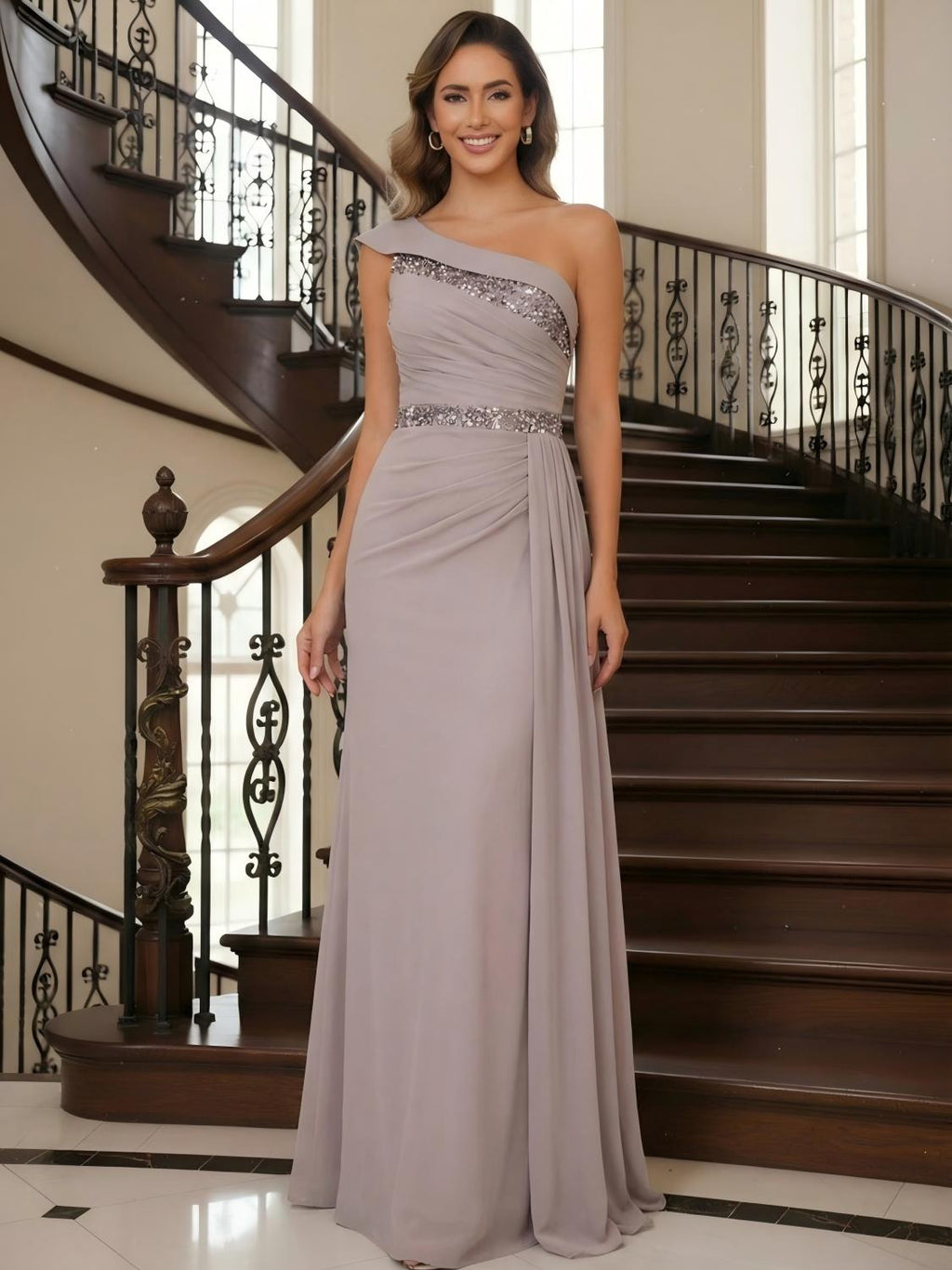 A-Line Pleated Chiffon One Shoulder Floor-Length Mother of the Bride & Groom Dresses (SHI22500625)