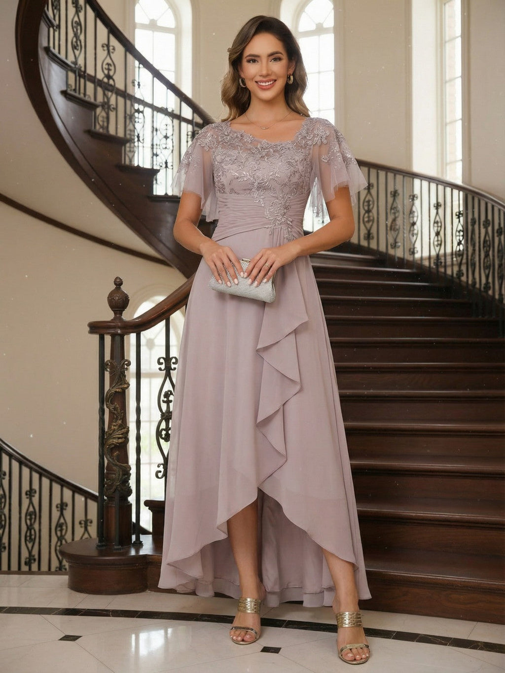 3/4 Sleeve Round Neck A-Line Midi Chiffon Mother of the Bride Dresses with Jacket (SHI22500386)